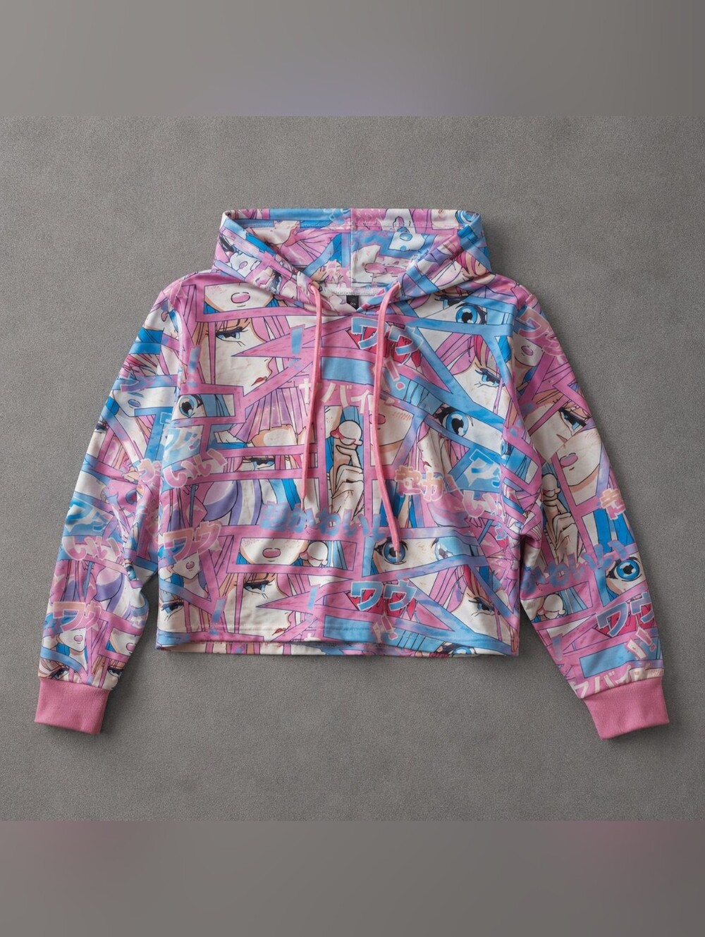 Anime Graphic Cropped Hoodie Large Pink Blue Kawaii Y2K Harajuku Streetwear